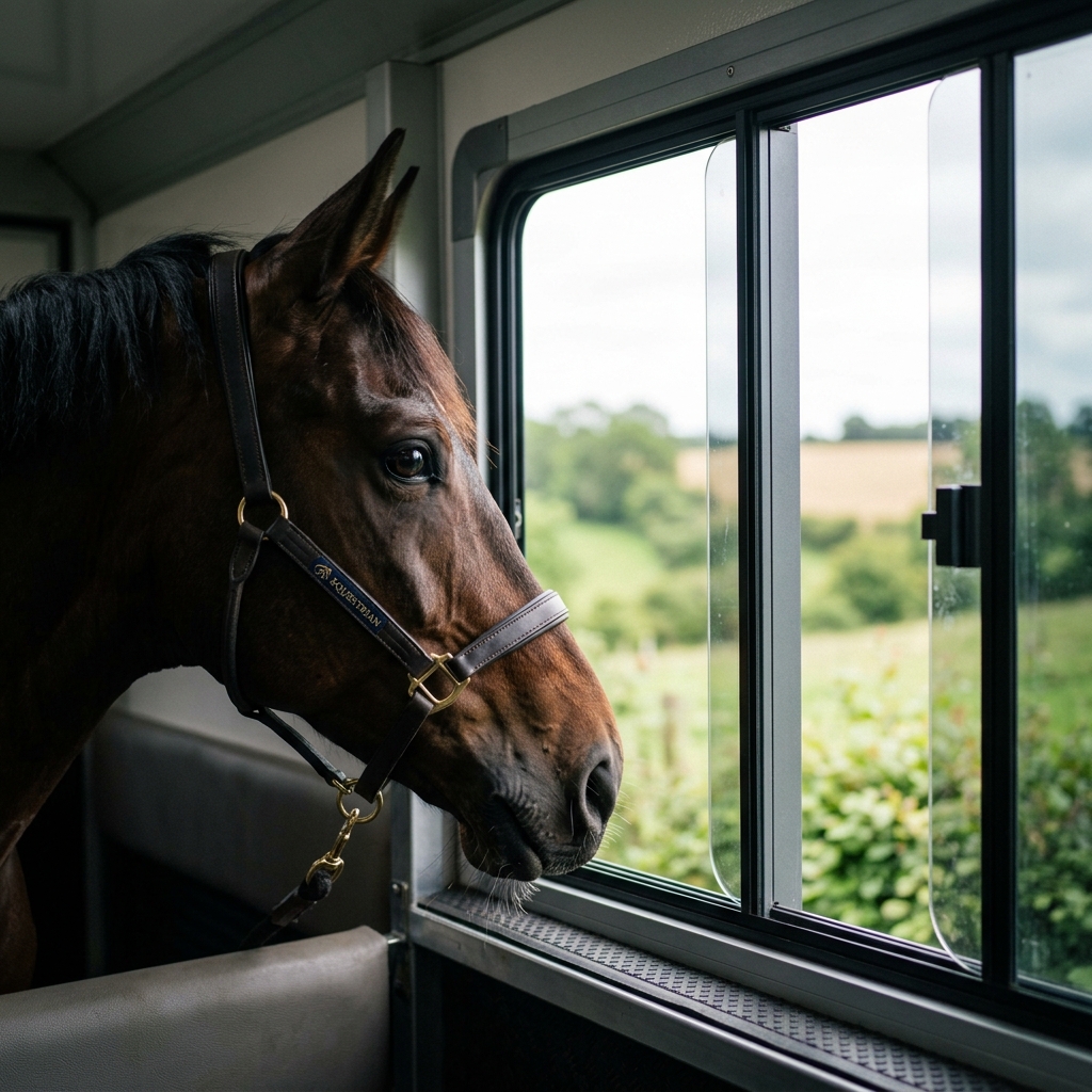 Horse looking out of a modern transport trailer window