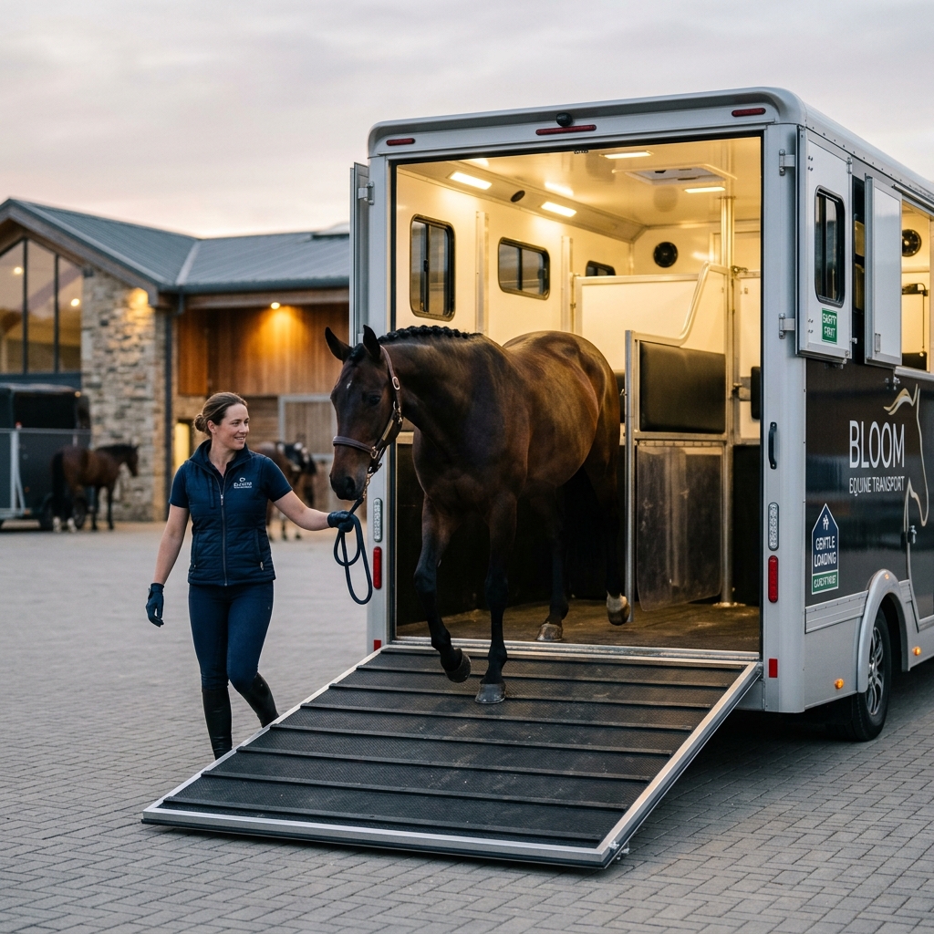 Professional handler gently loading a horse into a Sterling VC transport trailer